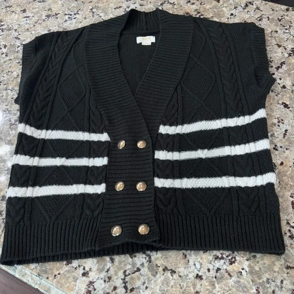 Maeve Anthropologie Black and White Striped Sweater Vest Gold button closure XS - Picture 8 of 12